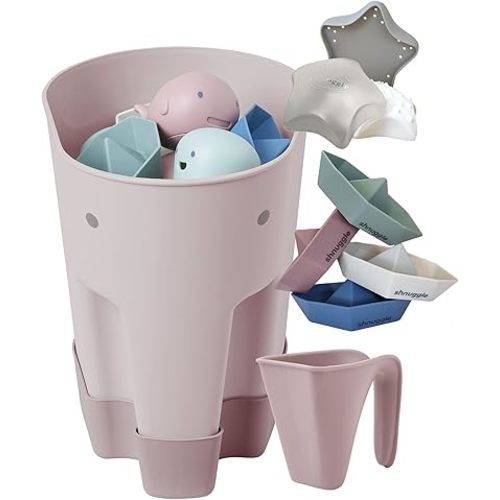 Bath Accessories Bundle - Ellie Bath Toy Scoop, Washy Rinse Jug, Stack n Sail Bath Boats, & Wishy Sensory Bath Toy for Babies & Toddlers - 4-Piece Set, Blossom
