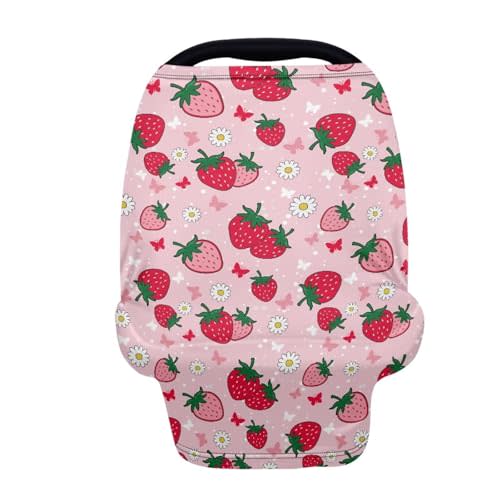 Breast Feeding Cart Baby Car Seat Covers Canopy Cover, Pink Strawberry Nursing Cover and Carseat Cover, Shopping Cart Cover for Baby