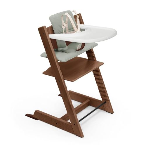 Stokke Tripp Trapp High Chair 2 (Warm Brown), Cushion 2 (Glacier Green) + Stokke Tray (White) - Includes Chair + Baby Set with Removable Harness for Children 6-36 Months