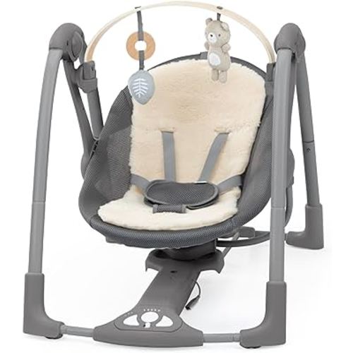 Ingenuity Every Season Portable Swing 'n Go - Cooling and Warming Fabrics, Detachable Sustainable Wooden Bar, Music, Motorized, for Ages 0-9 Months, Grey - Wesley