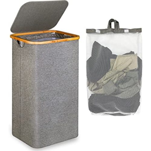 efluky Slim Laundry Basket with Lid, Narrow Laundry Hamper with Removable Bag, Skinny Dirty Clothes Basket with Bamboo Handles for Bathroom, Bedroom & Laundry Room, 100L Grey