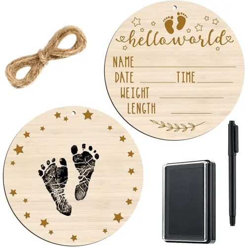 Thyle Baby Announcement Sign Wooden Baby Name Sign for Hospital Birth Announcement Sign Double Sided Newborn Welcome Sign with Marker Pen and Ink Pad for Baby Hand and Footprints Baby Shower (Round)