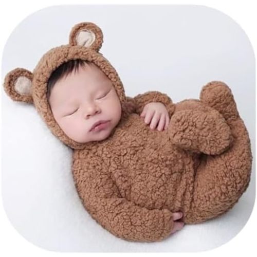 Vemonllas Newborn Photography Bear Outfit Newborn Baby Photoshoot Props Footed Romper Bear Bonnet Boy Girl Photo Posing Set