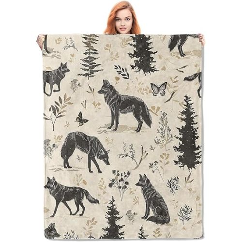 Wolf and Nature Pattern Blanket, Wildlife-Themed Fleece Throw with Wolf and Forest Design, Soft Cozy Lightweight Blanket, for Nature and Animal Lovers, 50x60 in,Decor