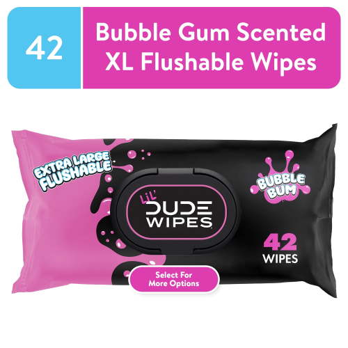 LiL' DUDE Wipes, Extra Large Bubble Bum Flushable Wet Wipes for Kids, Bubble Gum Scent, 42 Count, 1 Pack (Select for More Options)