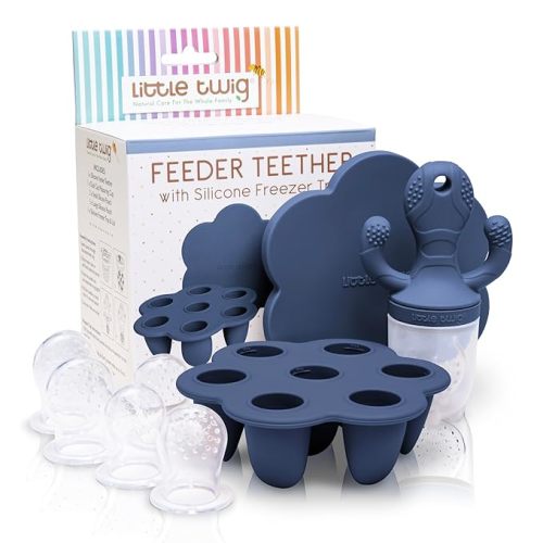 Little Twig Baby Fruit Feeder Pacifier Teether | Baby Food Freezer Tray with Lid | BPA Free Silicone Freezable Teether | Feeding Set for Breast Milk Ice Cubes, Baby Food, Fruit Purees (Steel Blue)