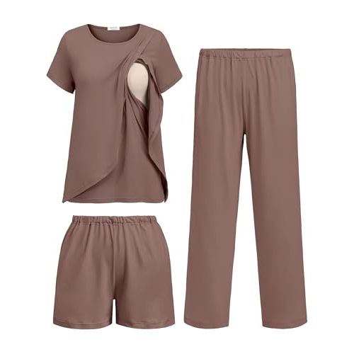 Ekouaer 3 PCS Maternity Nursing Pajamas Set Postpartum Breastfeeding Short Sleeve Shirts, Pregnancy Shorts & Pants Pjs S-XXL