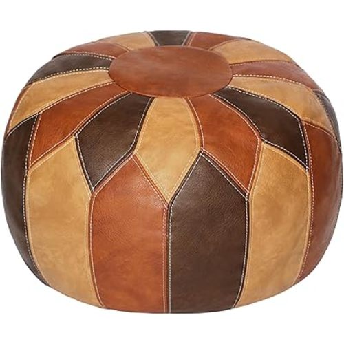 Thgonwid Unstuffed Moroccan Faux Leather Pouf Ottoman with Storage - Handmade Boho Chic Multi-Use Footrest for Living Room, Bedroom, Patio - Round Ethnic Floor Cushion & Decorative Accent, Tricolor