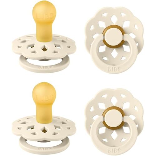 BIBS Boheme Pacifier 4-Pack. BPA Free Dummy Pacifier, Round Nipple. Natural Rubber Latex, Made in Denmark, Size 1 (0-6 Months), Ivory