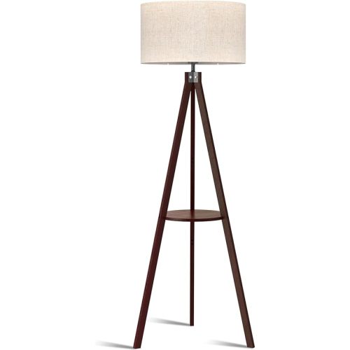 LEPOWER Tripod Floor Lamp, Mid Century Wood Standing Lamp, Modern Design Shelf Floor Lamp for Living Room, Bedroom, Office, Flaxen Lamp Shade with E26 Lamp Base Walnut