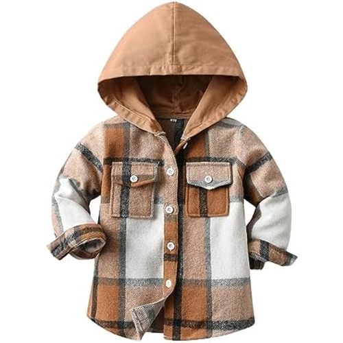 Toddler Kids Plaid Shacket Jacket Boys Girls Flannel Shirts Long Sleeve Button Down Hooded Jackets Warm Coat