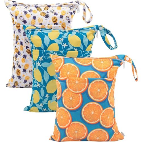 babygoal Wet Dry Bags for Baby Cloth Diapers, Washable Travel Bags, Beach, Pool, Gym Bag for Swimsuits & Wet Clothes with Two Zippered Pockets 3 Pack, 3LN22 - lemon & orange