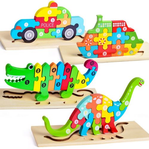 Fun Little Toys 4 Pcs Wooden Toys Dinosaur & Vehicles Puzzle Set,montessori Toys&educational Toys, Gifts For 3-5 Boys Girls