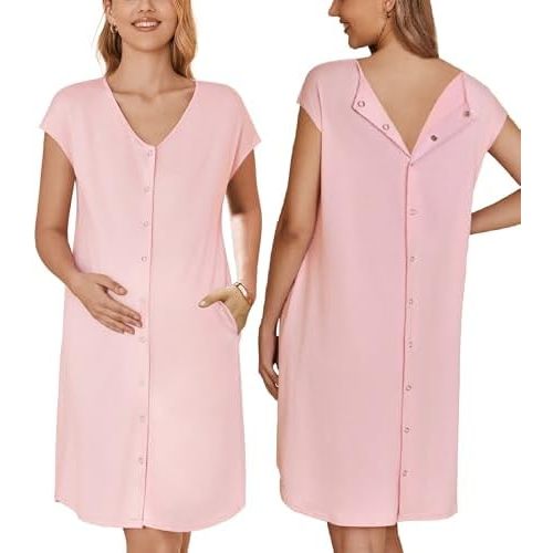 Ekouaer Labor/Delivery/Hospital Gown Nursing Nightgown Maternity Sleepwear With Pockets Postpartum Gowns with Button S-XXL