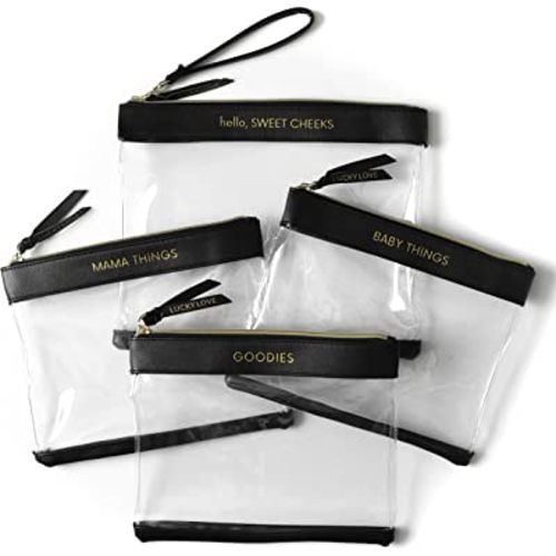 Lucky Love Diaper Bag Organizing Pouches | Set of 4 Including Diaper Clutch | Dry Wet Bag (Black & Clear)