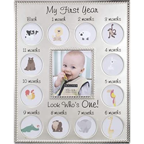 Malden International Designs My First Years Beaded Two Tone Silver Metal Picture Frame, 3 Option, 1-3.5x4 & 12-1x1, Silver