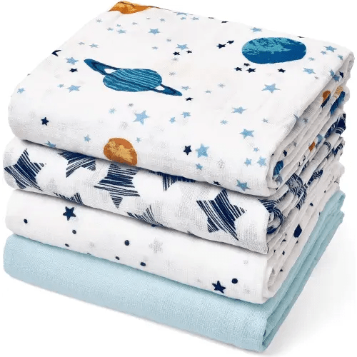 david's kids 4 Pack Baby Muslin Swaddle Blankets, 100% Cotton Swaddling Blankets Wrap for Boys Girls, Ultra Soft Breathable Receiving Blanket, New Born Essentials, Space&Stars