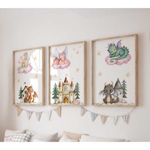 Set of 3 Dragons Prints, Castle Wall Art Set, Stars Posters, Modern Art, Stars Kids Bedroom Decor, Girl Nursery Decor, Playroom Prints