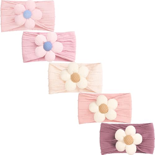 CÉLLOT 5 Pcs Baby Flower Headbands Baby Girls Nylon Headbands Soft Hairbands Hair Accessories for Newborn Infant Toddler Kids(Pink)