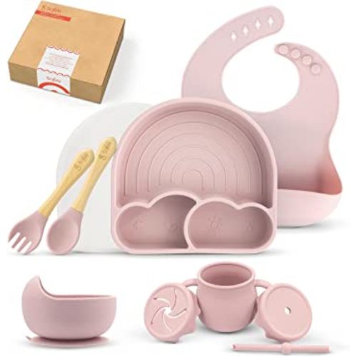 Baby Led Weaning Supplies, Silicone Baby Feeding Set, First Stage Baby Eating Set, Suction Bowl Divided Plate Bib Spoon Fork Straw Sippy Cup, Toddler Self Feeding Utensils, Dish Set 6-12 Months