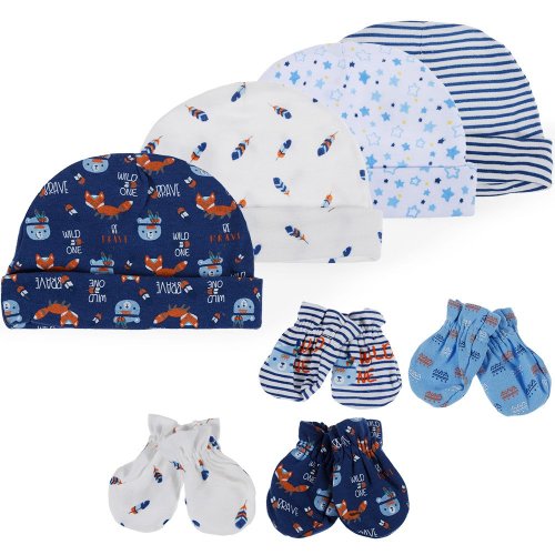 Lictin Newborn Baby Cotton Caps Mittens - 100% Cotton 4pcs Baby Cotton Caps Hats and 4 Pairs Baby Scratch Mittens Gloves for Baby Boy(0-6 Months) (Blue)