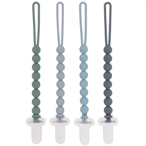 4-Pack Silicone Pacifier Clips with One-Piece Beads for Baby Boys and Girls - Flexible and Rust-Free Holders for Teething Relief and Baby Essentials, Safe for Newborns (Grey)