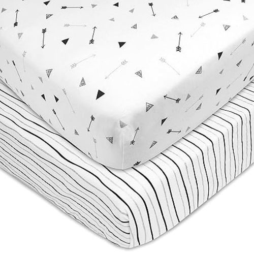American Baby Company 2 Pack 100% Natural Cotton Fitted Crib Sheets 52" x 28" - Soft, Breathable, Hypoallergenic & Gentle Toddler Bed Sheets, Silver Black Arrow and Stripes, Neutral for Boys & Girls
