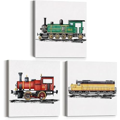 Set of 3 Steam Train Nursery Vehicle Art Canvas Wall Art Framed Paintings Prints Watercolor Steam Locomotive Canvas Wall Decor for Home Boys Bedroom 12x12 Inch