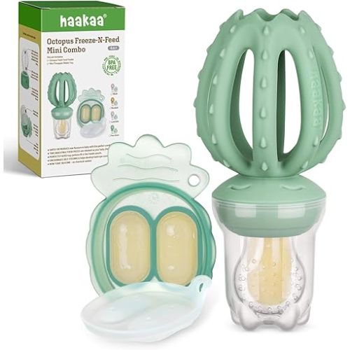 Haakaa Octopus Baby Fruit Food Feeder & Mini Freezer Nibble Tray Combo, Breastmilk Popsicle Molds for Cooling Relief, BPA Free Silicone Feeder for Safe Infant Self Feeding, 4 Month+(Pea Green)