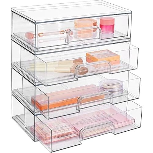 Vtopmart 12.1''W Clear Stackable Storage Drawers,4 Pack Acrylic Plastic Organizers Bins for Makeup Palettes, Cosmetics, and Beauty Supplies,Ideal for Vanity, Bathroom,Cabinet,Desk Organization