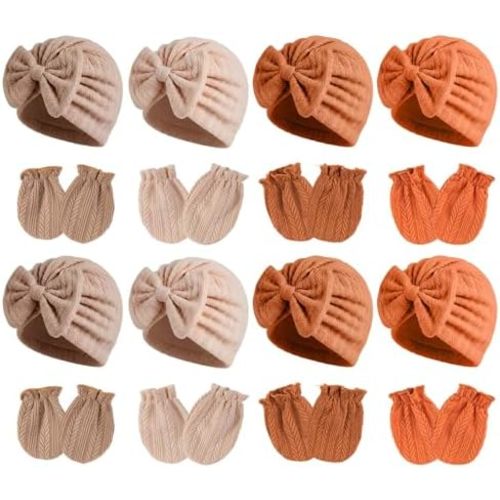8 Sets Newborn Baby Hats & Mittens Cotton Preemie Infant Bow Beanies Caps Gloves Hospital New Born Boy Girl 0-3 Month