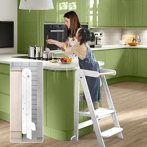 Foldable Toddler Tower 95% Preassembled Kitchen Stool Helper Folding Step Stool for Kids Montessori Toddler Standing Tower with 3 Adjustable Height Helper Tower for Kitchen Counter Sink White