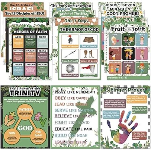 15Pcs Bible Posters for Classroom Sunday School Wall Decor Greenery Christian Books of The Bible Verse Poster Eucalyptus Ten Commandments Poster Set Religious Scripture Bulletin Board Decor(14 x 11in)