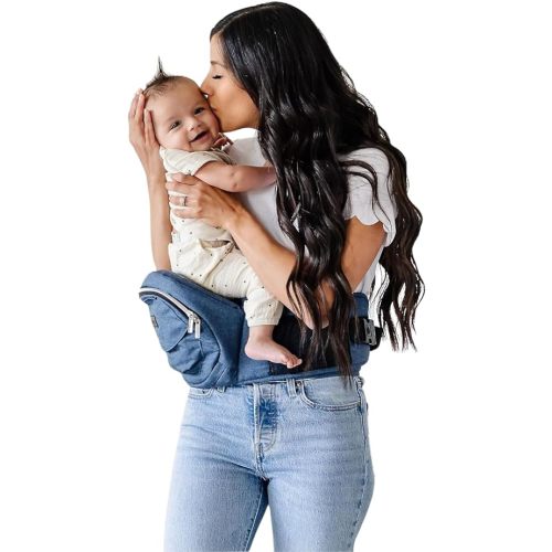 Tushbaby The Original Safety-Certified Hip Carrier for Babies & Toddlers: Machine Washable Child Waist Seat with Pocket Storage, As Seen on Shark Tank (23”-44” Waist, 0-3 yrs up to 45lbs) – Chambray