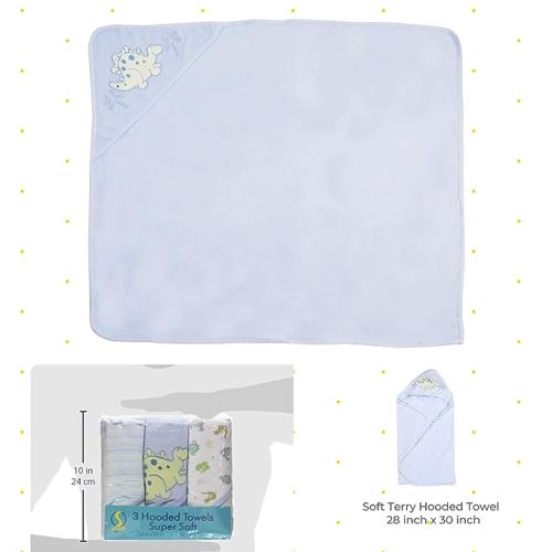 Spasilk Baby 3 Pack Soft Terry Hooded Towel Set for Newborn Boys and Girls Blue Dino, 26x30 Inch, (301-008)
