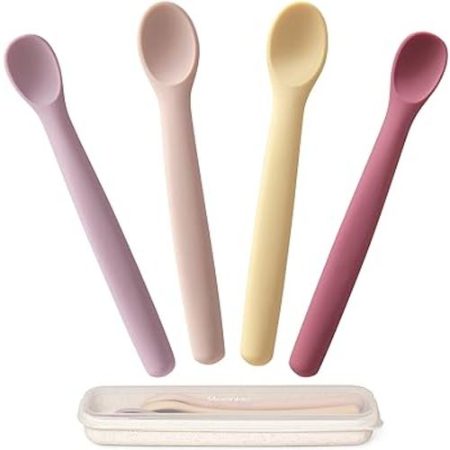 Moonkie Silicone Baby Spoons Set of 4, Two Sizes Feeding Spoon for First Stage 4+ Months, Baby Utensils with Case, Toddler Led Weaning Spoons, Bendable, Chewproof & Boil-proof