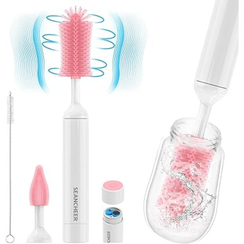 Electric Bottle Brush Cleaner, Waterproof Electric Baby Bottle Brush Cleaner, AA Battery-Powered & 360° Wrist-Friendly, with Silicone Bottle/Nipple/Straw Brush, Perfect Essentials for New Parents