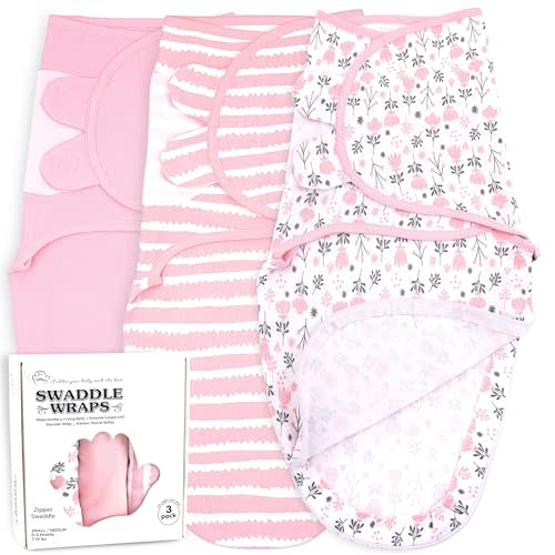 Bublo Baby Swaddle Sleep Sack with Zipper - Swaddles for Newborns - 3 Pack Baby Swaddles for 0-3 Months - Infant Sleeping Swaddle Sack – Adjustable Swaddle Blanket Wrap Boy Girl, Pink Flowers