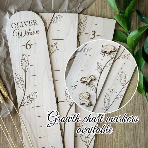 Wood Height Chart for Wall with 3D Animals Markers - 6 ft Personalized Wooden Growth Ruler for Kids, Children Measuring Board for Baby Boy