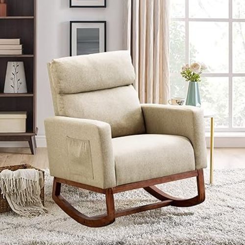 Accent Rocking Chair Nursery Mid Century Modern Rocker Comfy Chair High Back Armchair for Living Room/Bedroom/Baby Room, Beige