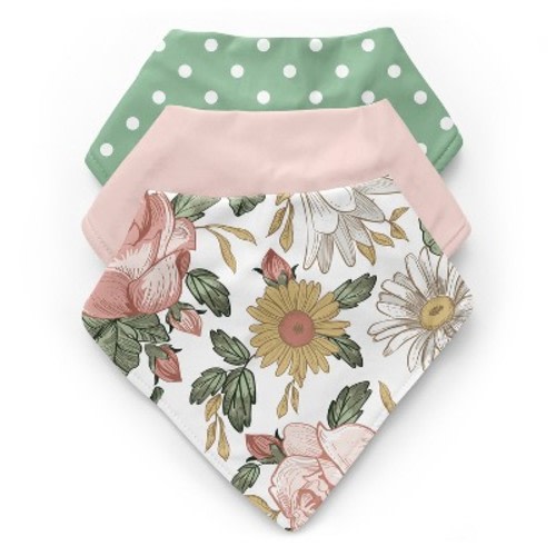 Sweet Jojo Designs Girl Fabric Baby Bibs Vintage Floral Pink Green and Yellow 3pc