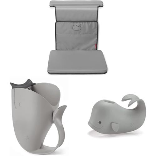 Skip Hop Baby Bath All-in-One Elbow Saver and Kneeler, Moby, Grey & Baby Bath Rinse Cup, Moby Tear-Free Waterfall Rinser, Grey & Bath Spout Cover, Universal Fit, Moby, Grey
