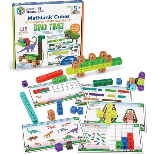 Toy: Learning Resources MathLink Cubes Kindergarten Math Activity Set: Dino Time! 115 Pieces, Ages 5+ Kindergarten STEM Activities, Math Games for Kids, Mathlink Cubes Activity Set, Ages 5+