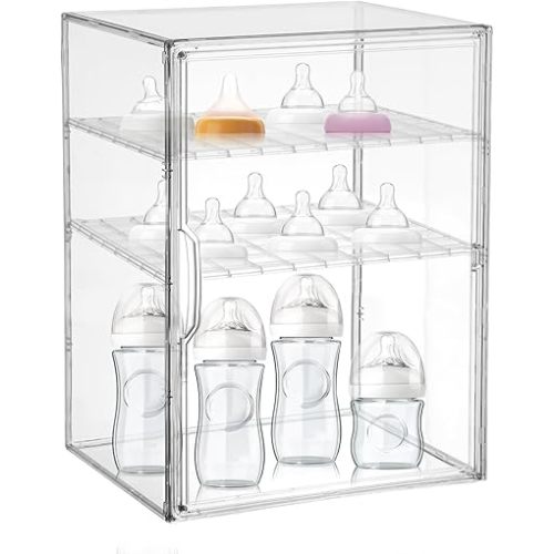 Sibosen Baby Bottle Organizer 3-Tier Clear Acrylic Baby Bottle Storage Organizer for Nipples Pump Parts Food Jars Station Organizers Container for Countertop Cabinet Bottles Storage