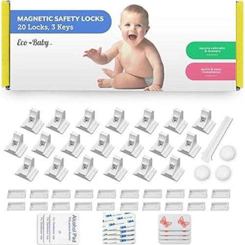 Eco-Baby Magnetic Cabinet Locks for Babies - Keyless, White, 20 Pack and 3 Keys