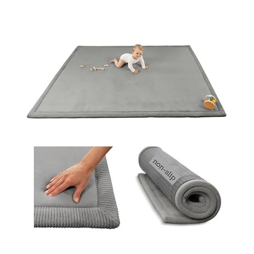 Premium Baby Play Mat for Floor 60" x 80" Dark Gray – Cloud-Soft Coral Velvet Memory Foam Rug for Crawling & Play – Non-Slip, Water-Resistant, Easy-Care Muscle Mat – Non-Toxic Padded Playmat