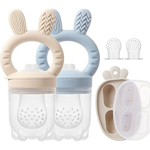 Silicone Baby Fruit Feeder with Freezer Tray Baby Food Feeder Popsicle Molds for Teething Relief Includes Extra Food Pouches (Beige+Blue)