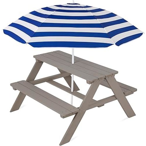 Best Choice Products Wooden Kids Picnic Table with Umbrella, Outdoor Activity Table Set with Built-in Benches, 220 lb Capacity per Bench - Gray/Navy