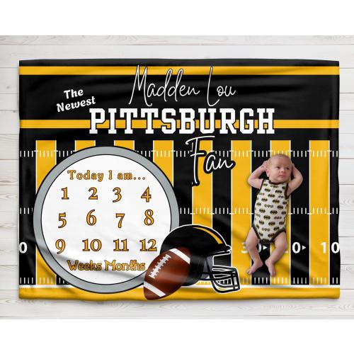 Pittsburgh Baby Milestone Minky Blanket – Football fan, photo blanket, growth tracker, baby shower gift, baby boy,