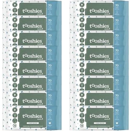 Tooshies Wipes | Pure Water | 100 Percentage Plastic Free |Biodegradable | Fragrance Free | 16 x 70pk (1120 Wipes)